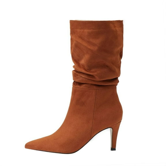 Guttear Women's High Heel Mid Calf Boots Slouchy Pointed Toe Fall Boots