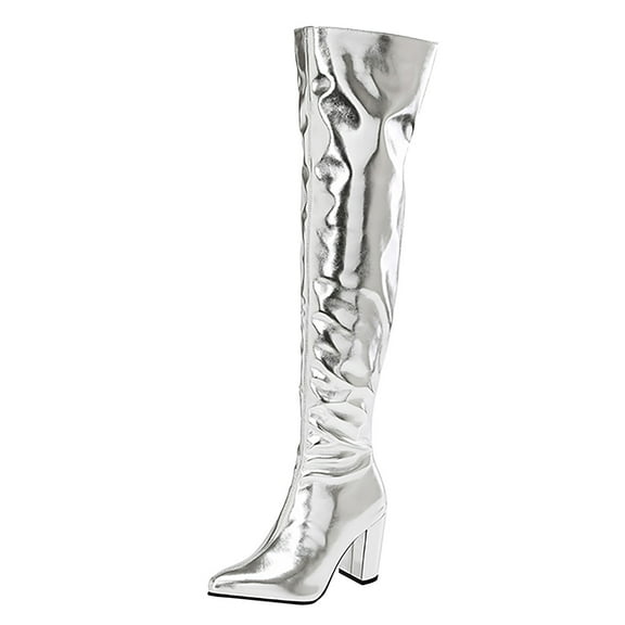 YLYL Women's Metallic Over the Knee High Boots Pointed Toe Chunky Mid Heel Thigh High Fashion Dress Boots Zipper Long Boots
