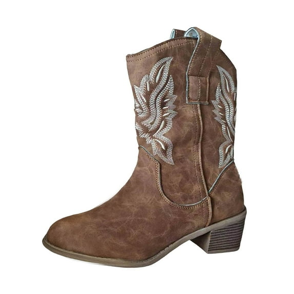 YLYL Women's Mid Calf Western Boots Pointed Toe Embroidery Stitched Heel Pull on Tabs Boots