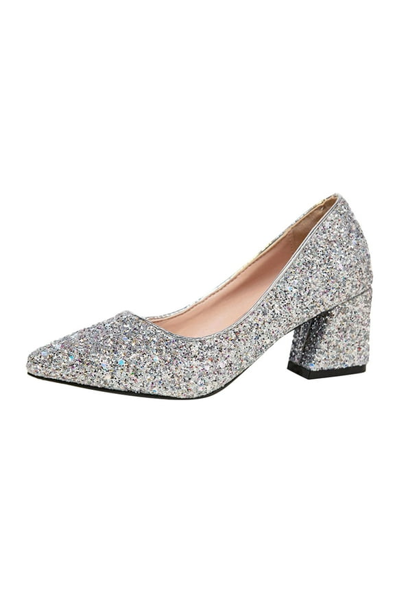 Women's Sparkling Glitter Heel Closed Toe Pumps Comfortable Mid Block Heel Slip-on Classic Party Dress Shoes