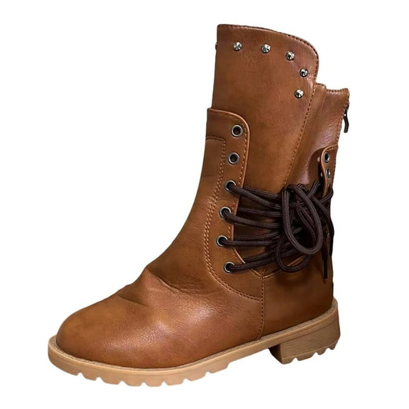 Guttear Women's Vintage Rivet Cowboy Boots Mid-Calf Boots, Non-slip Side Lace-Up Back Zip Low Heel Knight Boots Western Boots