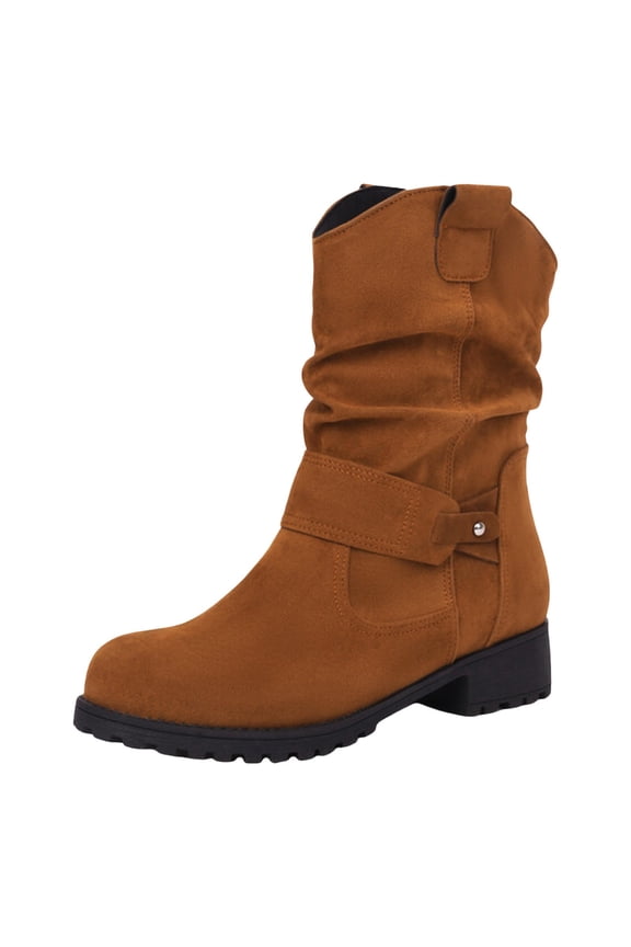 Women's Wide Width Mid Calf Ankle Boots Flat Heel Slouchy Faux Leather Folds Winter Slip-on Knee High Boots Cowgirl Boot