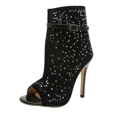 Guttear Womens High Heels Peep Toe Summer Ankle Boots Stiletto Rhinestone Heeled Sandals Sexy Open Toe Pumps Shoes
