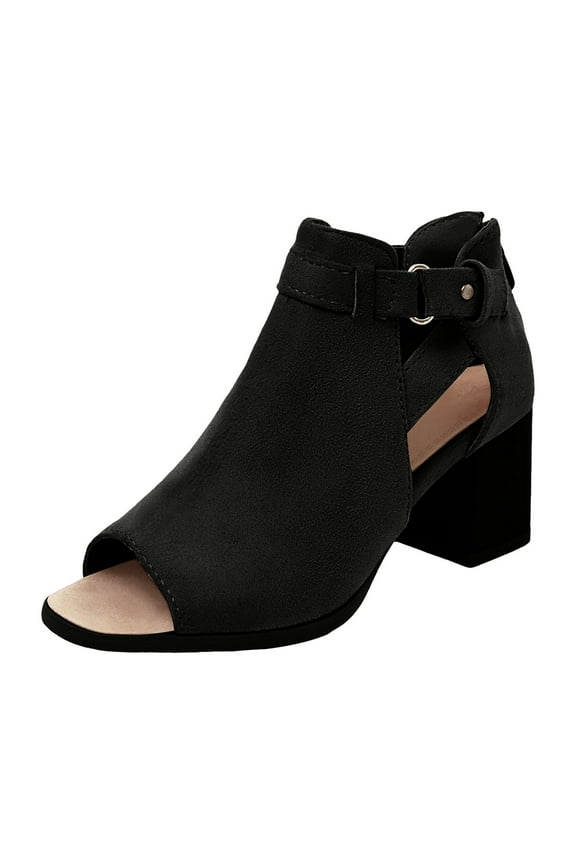 Womens Peep Toe Ankle Booties Chunky Heels Cutout Back Zipper Sandals Suede Side Ankle Strap Dress Sandals