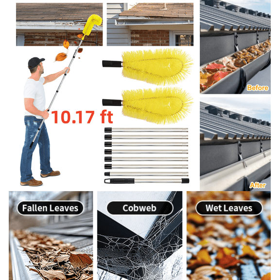 Gutter Cleaning Brush from the Ground 10.1FT Extendable Gutter Cleaner Brush Roof Gutter Cleaning Tools with 8 Extension Pole and 2 Brush Heads, Easy Remove Leaves and Debris