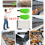 Gutter Cleaning Brush from the Ground 10.1FT Extendable Gutter Cleaner Brush Roof Gutter Cleaning Tools with 8 Extension Pole and 2 Brush Heads, Easy Remove Leaves and Debris
