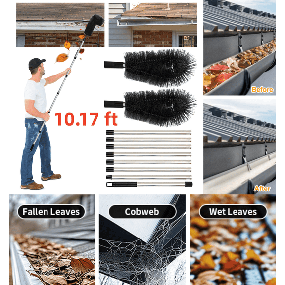 Gutter Cleaning Brush from the Ground 10.1FT Extendable Gutter Cleaner Brush Roof Gutter Cleaning Tools with 8 Extension Pole and 2 Brush Heads, Easy Remove Leaves and Debris