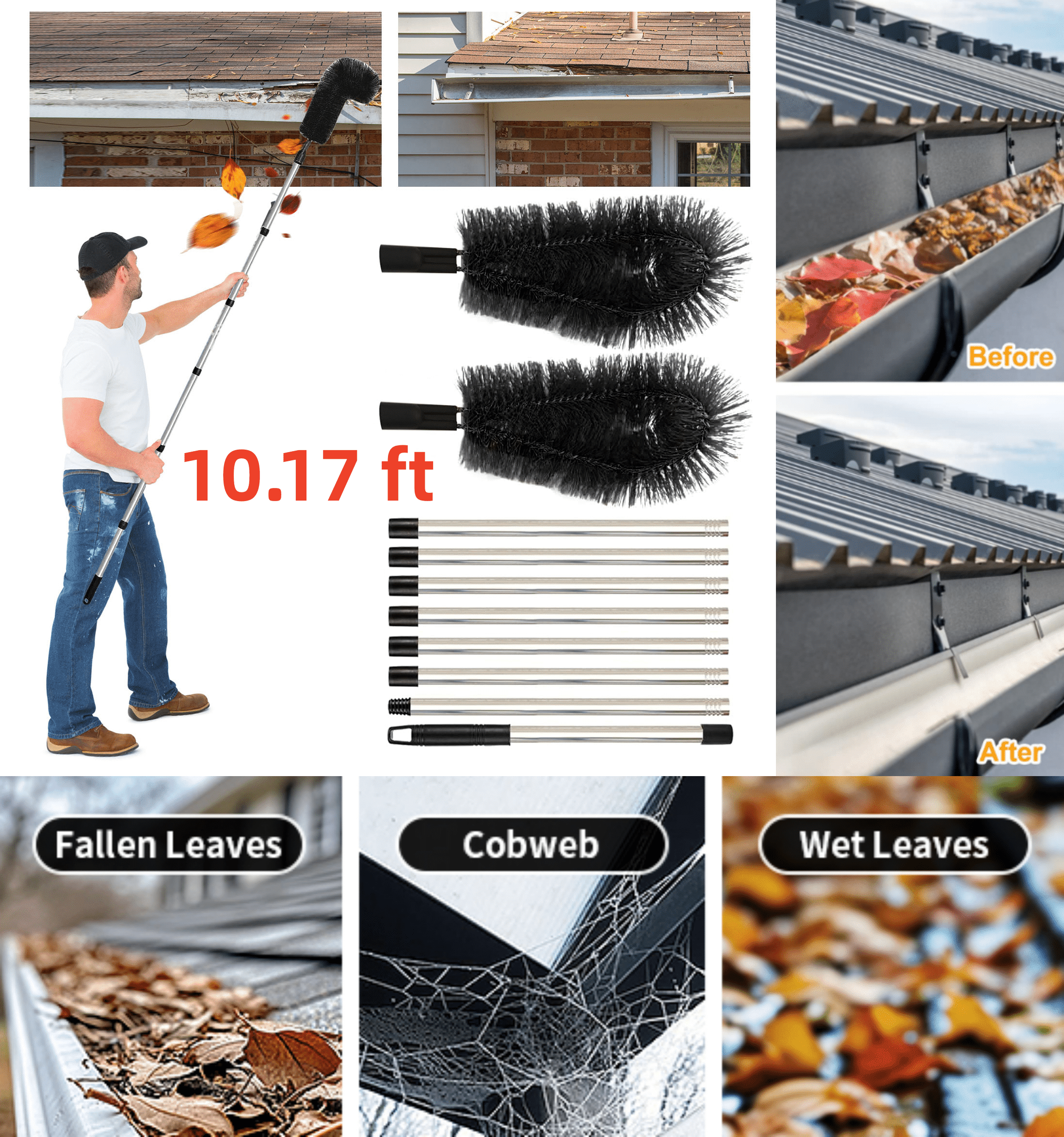 View of Gutter Cleaning Brush from the Ground 10.1FT Extendable Gutter Cleaner ...