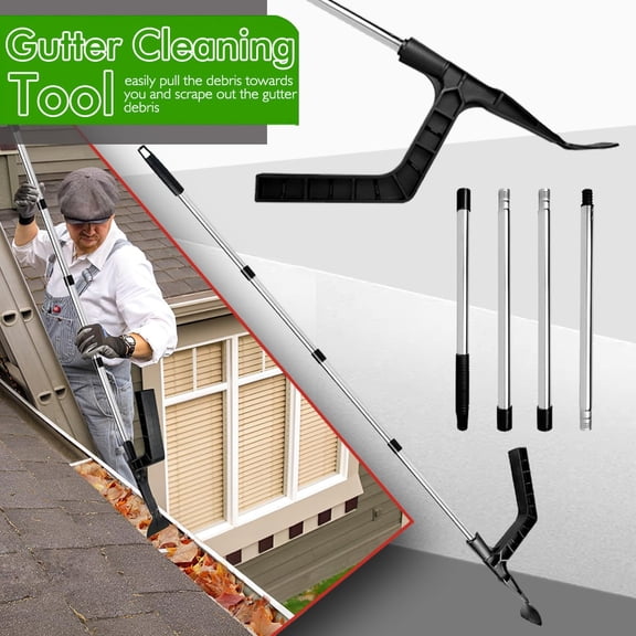 Gutter Cleaning Tool, Telescopic Pole Leaf Remover for Eaves Drain & Roof Debris, Plastic