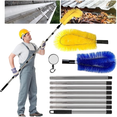 Gutter Cleaning Tools, 10ft Gutter Cleaner with 2 Gutter Cleaning Brush, Roofing Tool Rain Gutter Guard Cleaner Tool, Easy Remove Leaves and Debris from The Ground, Yellow/Blue