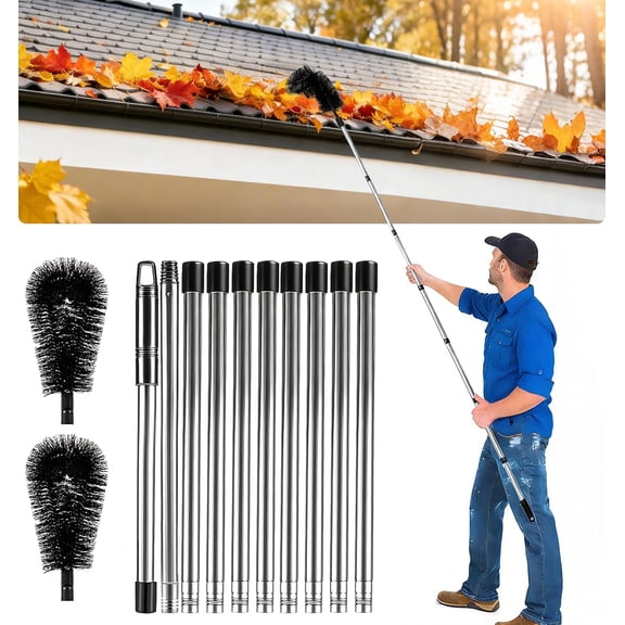 Gutter Cleaning Tools From The Ground - 12.7-Foot Adjustable Gutter Cleaner Tools with Bendable Nylon Brush,No Ladder NeededMakes it Easy To Clean Leaves, Branches And Debris from Gutters