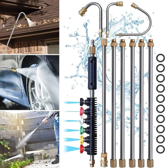 Gutter Cleaning Tools From the Ground, 9 FT Pressure Washer Extension Wand, Power Washer Lance With 6 Pressure Washer Spray Nozzle Tips, 30°, 90°, 120° Gutter Cleaner Curved Rod, 4000 PSI