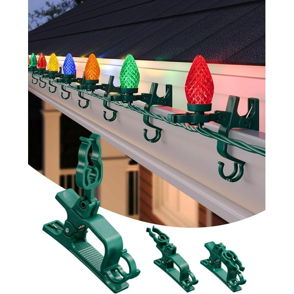 Gutter Light Clips, 100-Count C7 C9 Christmas Clips Outdoor, All-in-One Holiday Hooks for Shingle, Roof, Fence, Tree String Decoration, Weatherproof, Green