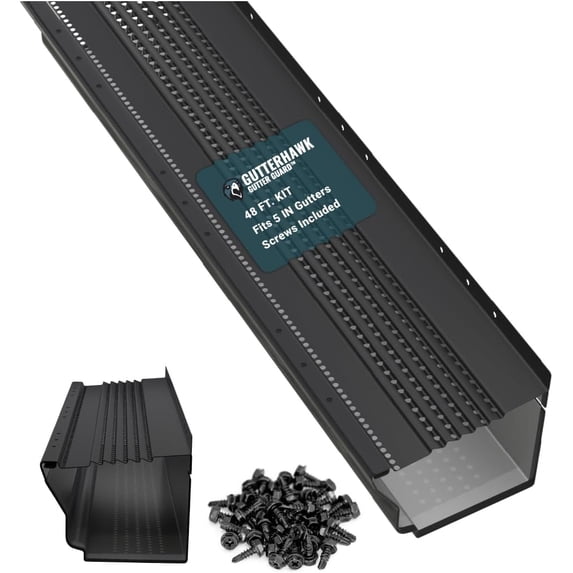 GutterHawk Gutter Guard - 48 FT. (Nominal) Black All-Aluminum Gutter Guard Kit with Screws Included. Fits 5 in. Gutters. DIY Friendly. (5 in. x 47.625 in. Pieces)