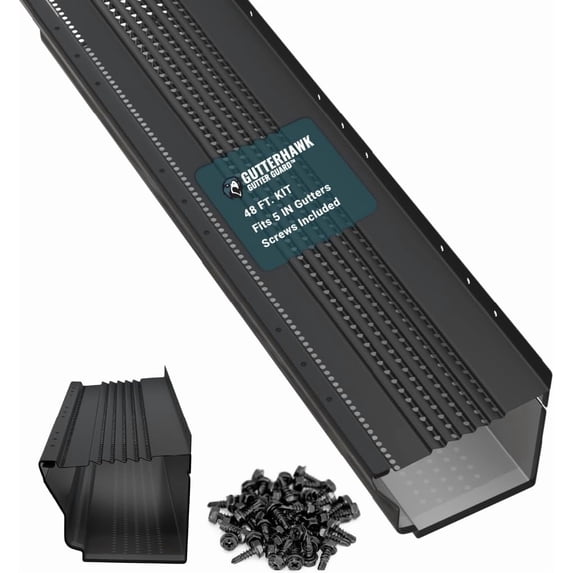 GutterHawk Gutter Guard - 48 FT. (Nominal) Black All-Aluminum Gutter Guard Kit with Screws Included. Fits 6 in. Gutters. DIY Friendly. (6 in. x 47.625 in. Pieces)