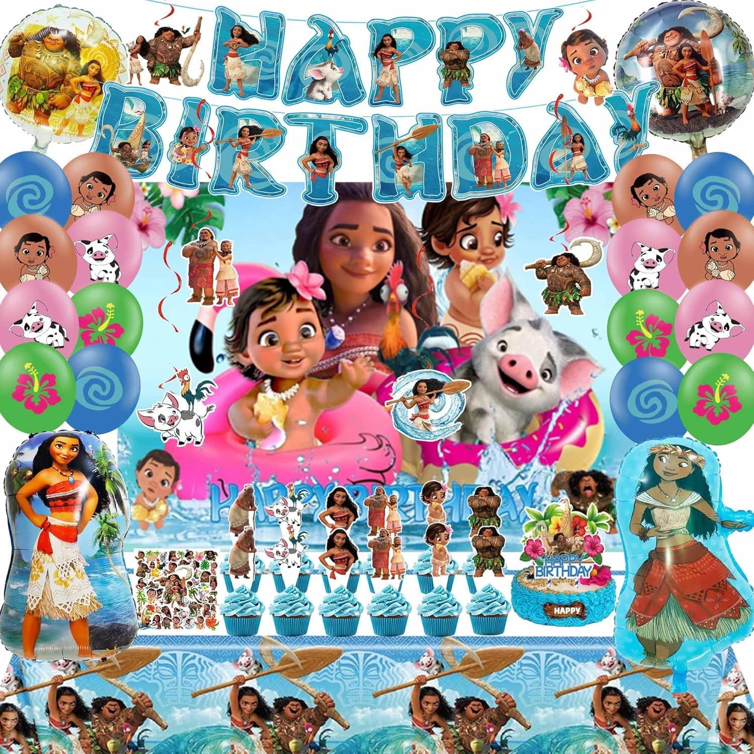 Guvpev Moana Birthday Decorations, Cartoon Moana 2 Ocean Birthday Party Decorations, Cake Toppers, Latex Foil Balloons, Backdrop, Banner, Tablecloth, Hanging, Swirls for Party Family Gathering
