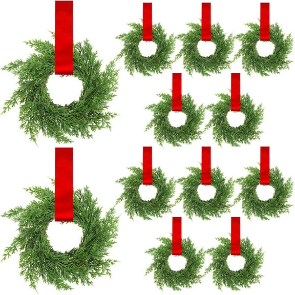 Guvpev 12 Pcs Mini Christmas Cabinet Wreaths 7.87 Inch with Ribbon, Farmhouse Wreath Decorations for Table Centerpiece, Chair Backs, Wall, Windows, Front Door Holiday Xmas Home Decor(Red Color)