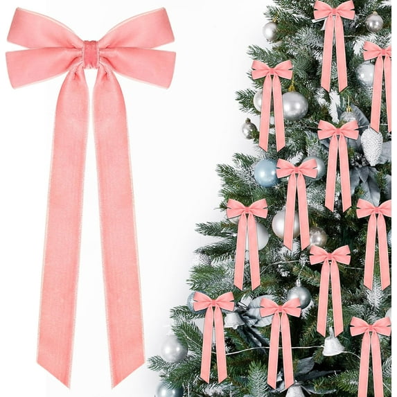 Guvpev 12Pcs 5in X 10in Pink Velvet Ribbon Bows Christmas Tree Decorations, Xmas Ornaments Vintage Christmas Decor for Tree Home Party Front Door VintageWreath Holiday Decor