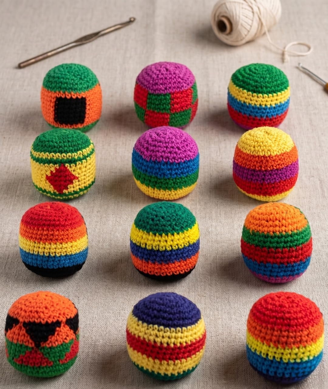 Guvpev 12Pcs Hand-Made Knitted Footbag Sack Set, Random Style, 2026 Upgraded Assorted Hacky Bags, Crochet Kick Balls Fidget Toys for Outdoor Party Game, Party Favors & Hand Exercise
