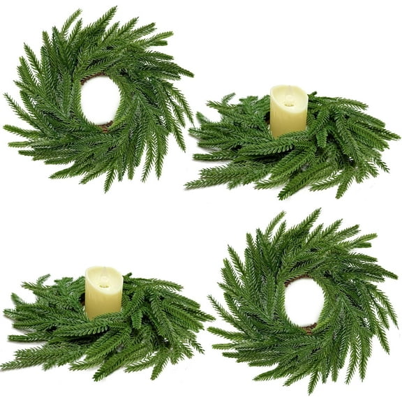 Guvpev 13.5 Inch Norfolk Pine Wreath Candle Rings, 4 Pcs Realistic Soft and Full Mini Christmas Wreath Table Centerpieces Candle Wreaths for Pillar Candles Cedar Small Wreaths for Cabinets