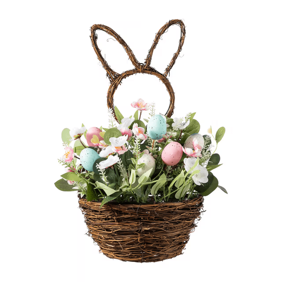 Guvpev 14.57" Easter Egg & Flower Bunny Basket - Handcrafted Woven Grapevine Centerpiece - Rustic Spring Floral Decor