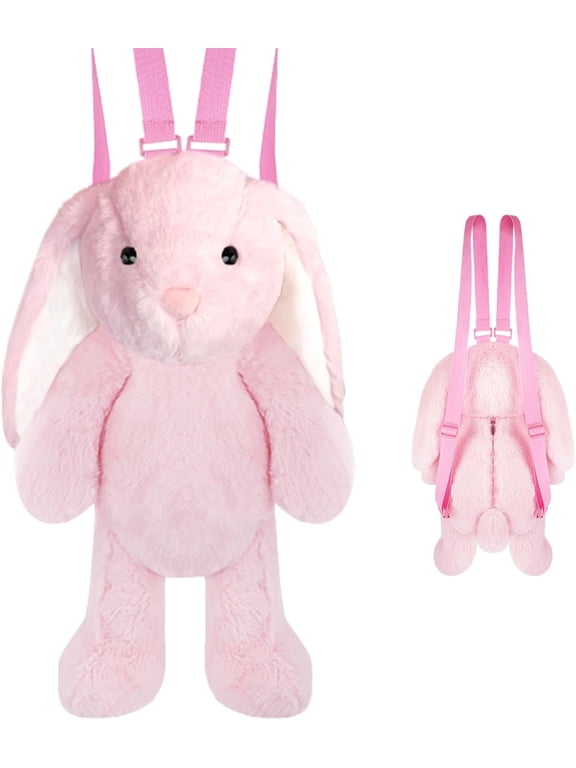 15.7" Pink Bunny Plush Backpack, Cute 3D Rabbit Stuffed Animal Daypack with Adjustable Straps, Soft Huggable Shoulder Bag, Perfect Back to School Gift & Birthday Surprise