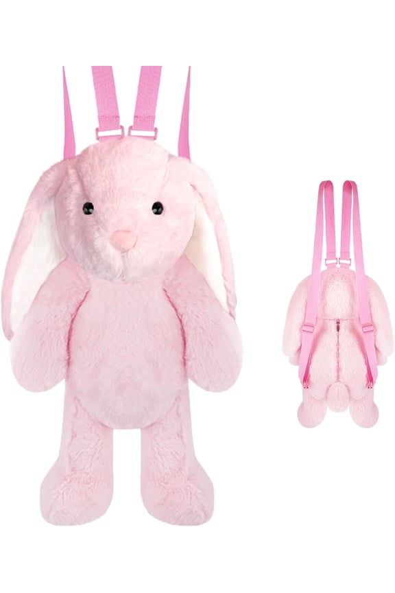 15.7" Pink Bunny Plush Backpack, Cute 3D Rabbit Stuffed Animal Daypack with Adjustable Straps, Soft Huggable Shoulder Bag, Perfect Back to School Gift & Birthday Surprise