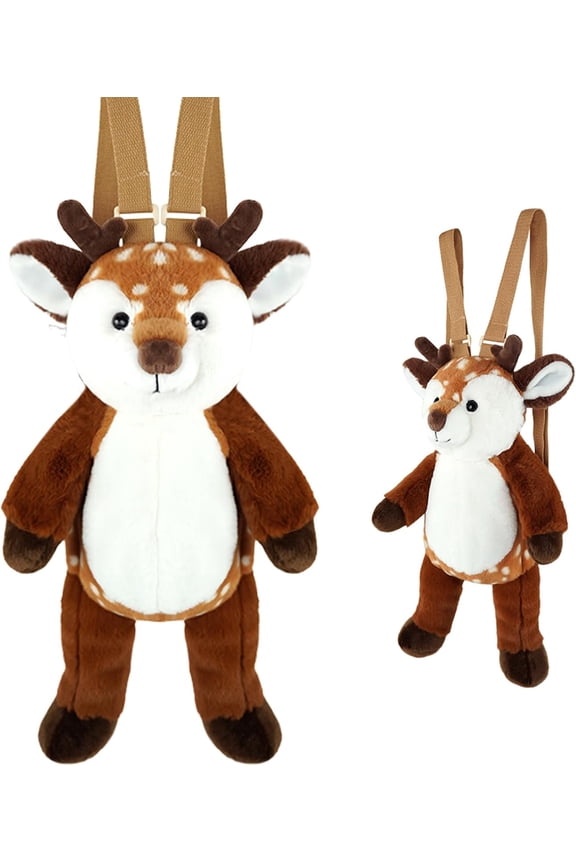15.7" Soft Plush Sika Deer Backpack, 3D Stuffed Animal Spotted Fawn Daypack with Adjustable Straps, Realistic Huggable Toy Shoulder Bag, Unique Back to School & Birthday Gift