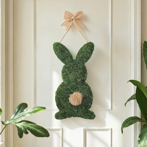 Guvpev 16" Easter Moss Bunny Wreath with Fluffy Pom-Pom Tail, Artificial Green Rabbit Door Sign with Burlap Bow, Rustic Farmhouse Spring Wall Hanging Swag for Front Porch & Indoor Home Decor