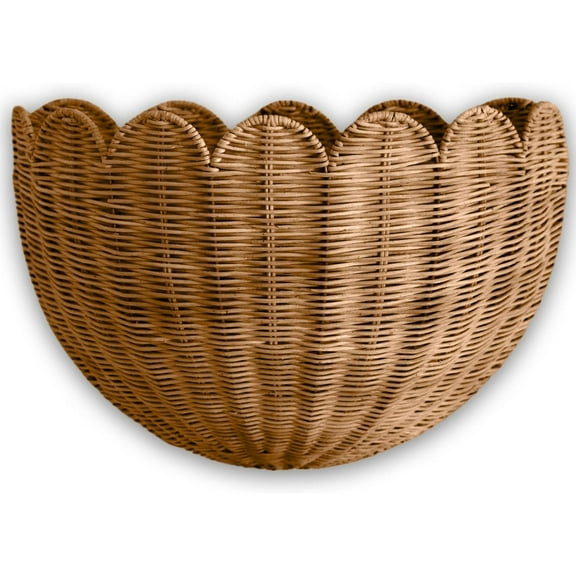 Guvpev 16" Large Scalloped Wicker Hanging Basket, Handmade Rattan Wall Decor, Decorative Woven Storage Organizer for Nursery, Living Room & Bathroom, Mocca