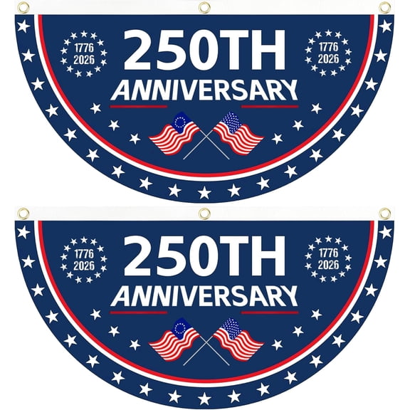 Guvpev 2-Pack 250th Anniversary American Fan Flag Bunting 1.5x3 FT, 1776-2026 USA Birthday Pleated Half Fan Banner, Patriotic Stars Patriotic Yard Sign Hanging Decor for Porch, Railing and House
