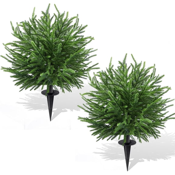 Guvpev 2 Pack Outdoor Christmas Tree Frosted Urn Filler, 24" Norfolk Pine Real Touch Artificial Topiary Tree with Ground Stakes –Christmas Indoor Outdoor Decorations