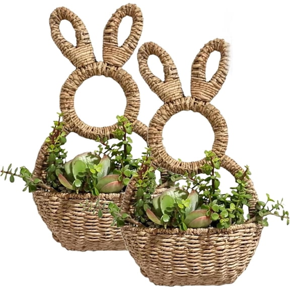 Guvpev 2-Pack Wicker Bunny Wall Hanging Baskets, 15.75" Handwoven Rattan Rabbit Door Decor, Rustic Spring Farmhouse Storage Organizer with Jute Rope