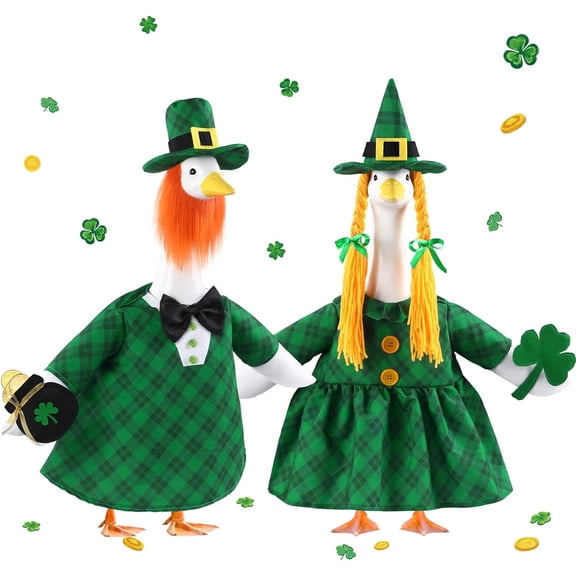 Guvpev 2-Set St. Patrick's Day Goose Outfits - Lucky Irish Couple Costumes with Plaid Dress, Jacket, Wigs, and Pot of Gold - Festive Saint Patrick's Clothes for 23" Outdoor Porch Goose Statues
