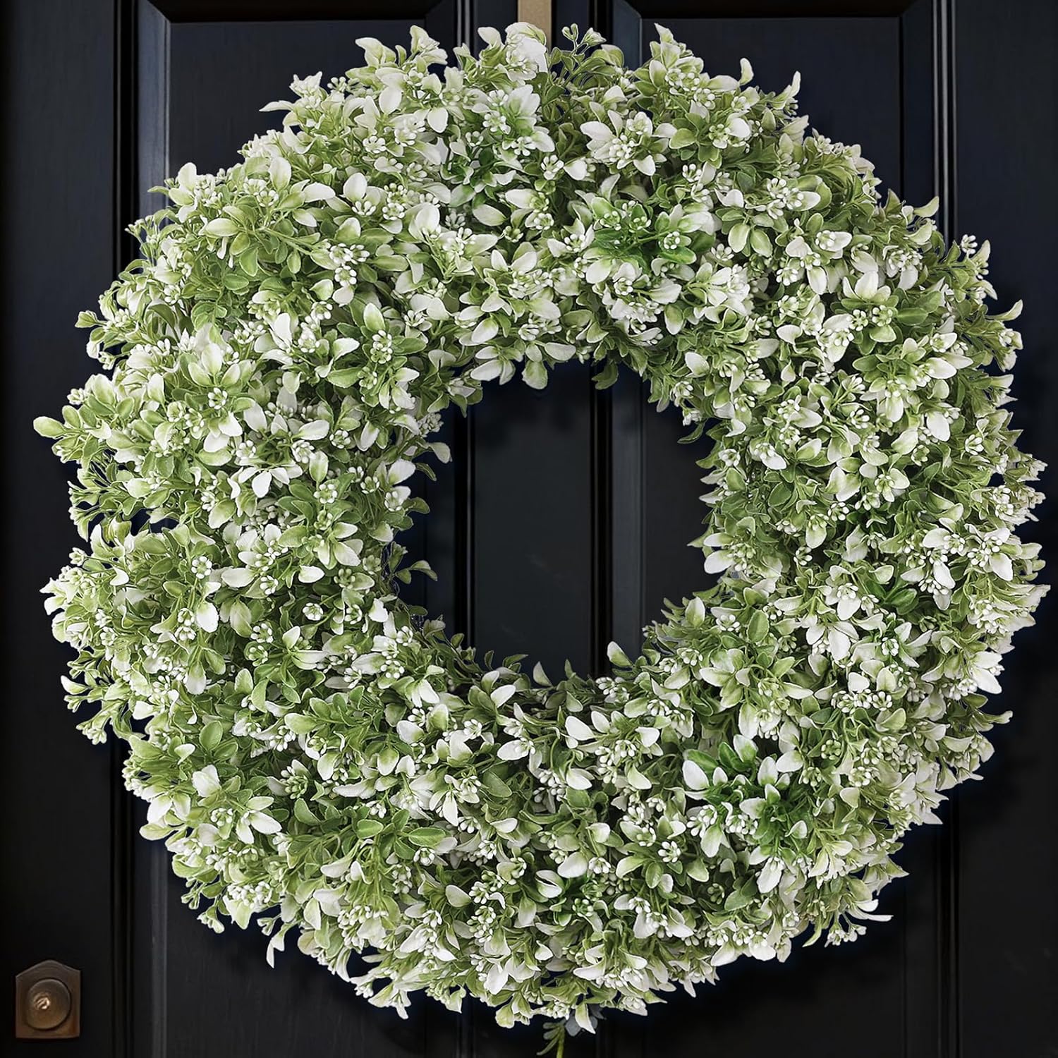 Guvpev 20" Artificial Boxwood Wreath for Front Door - Large Faux Aglaia Odorata Wreath, Fake Eucalyptus Leaves Plants for Wall Window Farmhouse Outdoor Decor - Spring, Summer, All Seasons