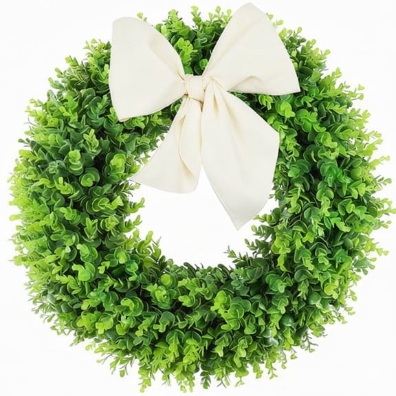 Guvpev 20 Inch Foldable Fake Plants Eucalyptus Leaf Wreath - Artificial Greenery for Front Door, Spring/Summer Decor, Easy Storage Hanging Wreath(Green Bow)