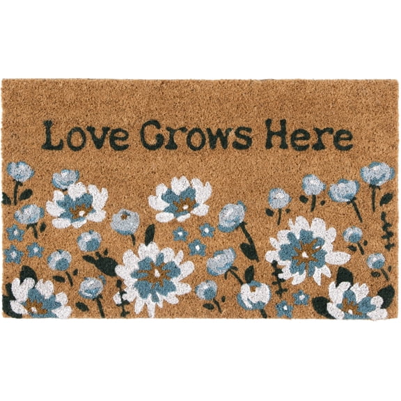 Guvpev 20"x30" Love Grows Here Outdoor Doormat - Blue Floral Natural Coir Welcome Mat - Rustic Spring Entryway Rug
