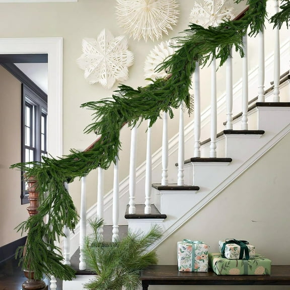 Guvpev 2025 Christmas Norfolk Pine Garland for Fireplace - 9FT Real Touch Winter Pine Garland, Green Artificial Faux Greenery Garlands for Mantel, Wall, Stair, Table, Porch, Home Xmas Holiday Decor