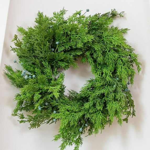 Guvpev 22" Artificial Cedar Christmas Wreath with Blue Berry - Real Touch Christmas Cedar Wreath for Front Door, Walls, Windows, Porches, Indoor Outdoor Christmas Decorations, Seasonal Decor