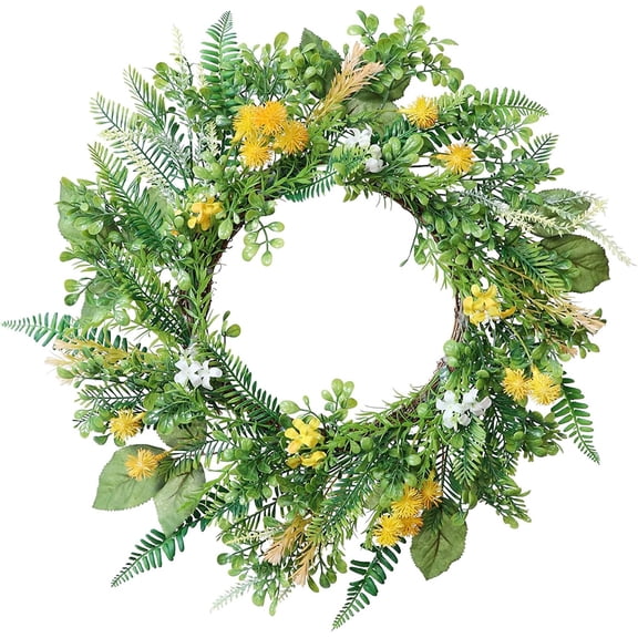 Guvpev 22 Inch Yellow Spring Summer Wreath, Artificial Wildflower with Eucalyptus Leaves, Decor for Front Door Fireplaces, Gift for Valentine Wedding Christmas Party