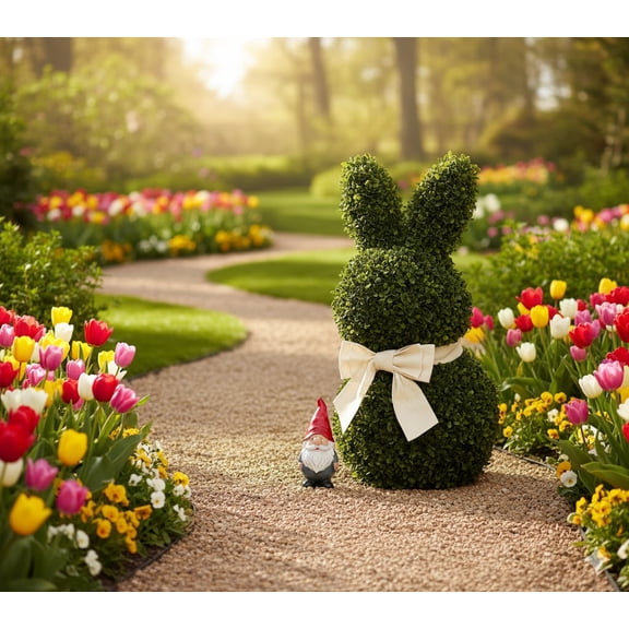 Guvpev 24" Artificial Boxwood Bunny with Bow - Faux Topiary for Easter & Spring Decor