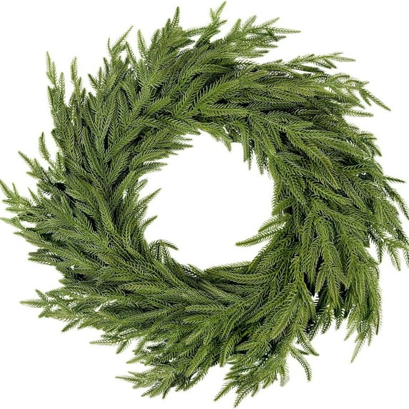 Guvpev 24" Norfolk Pine Christmas Wreath for Front Door, Artificial Christmas Wreath Seasonal Decor, Faux Green Fake Pine Needles Wreath for Home, Wall, Mantel, Indoor Outdoor Christmas Decorations