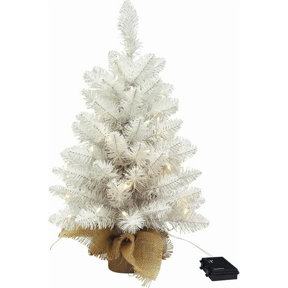 Guvpev 24" Small Christmas Tree with Lights, Holiday Artificial Flocked Mini Christmas Tree Decorations with 50 Warm White LED Lights and Cloth Bag, Indoor Home Office Evergreen Tabletop Decor
