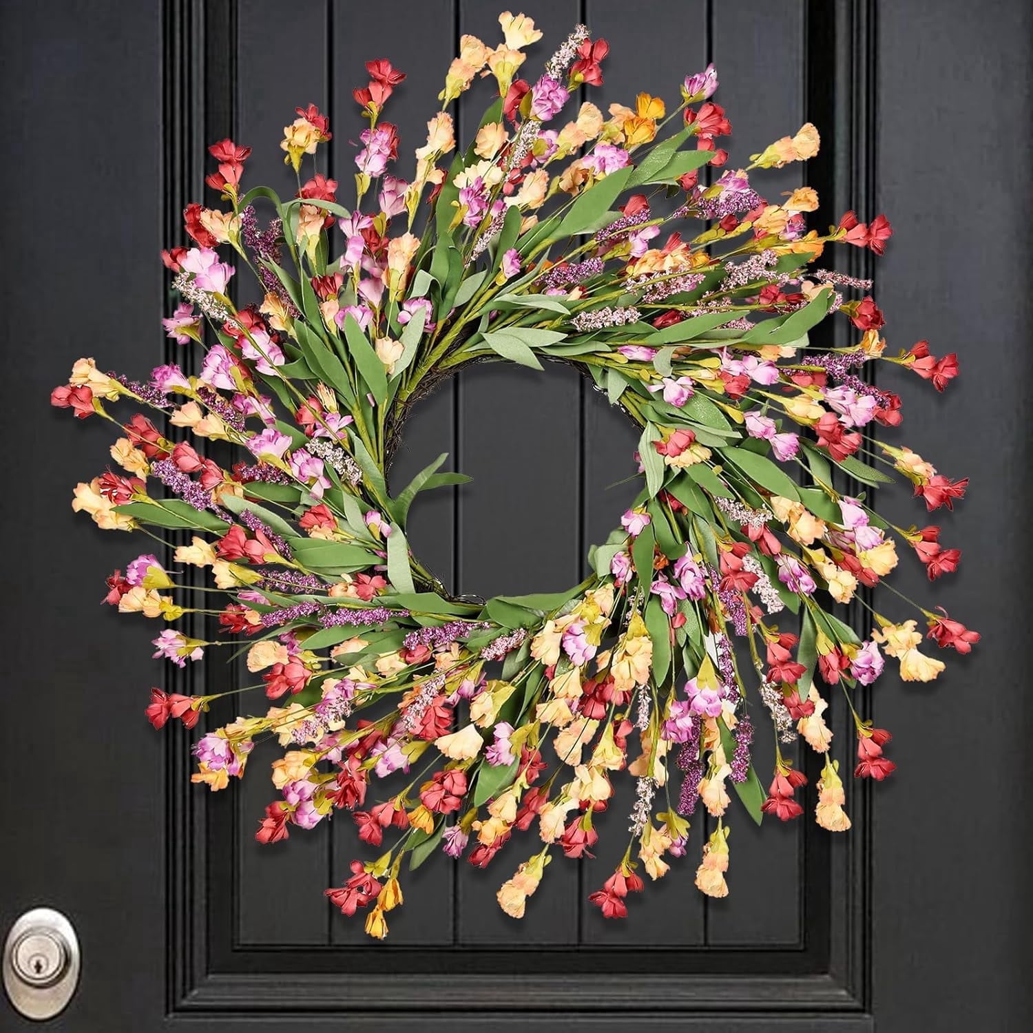 Guvpev 24" Spring Wreaths for Front Door Not Withering Artificial Floral Wreath with Wildflowers Summer Decorations for Indoor Outdoor Window Wall Farmhouse Porch Wedding Holiday Easter Home Decor