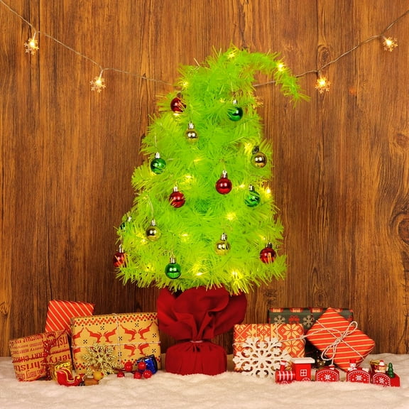 Guvpev 2FT Mini Gri-nch Christmas Tree, Bendable Small Christmas Tree with Ball Ornaments Lime Green, Artificial Whimsical Curved Christmas Tree Decor for Home Indoor Outdoor Xmas Holiday Decorations