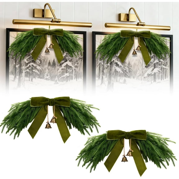 Guvpev 2Pack Artificial Christmas Swag for Mirror & Picture Lights, 20" Faux Norfolk Pine Swags with Velvet Bow & Bells, Xmas Mailbox Wreath Garland for Front Door Wall Window Stair Xmas Home Decor