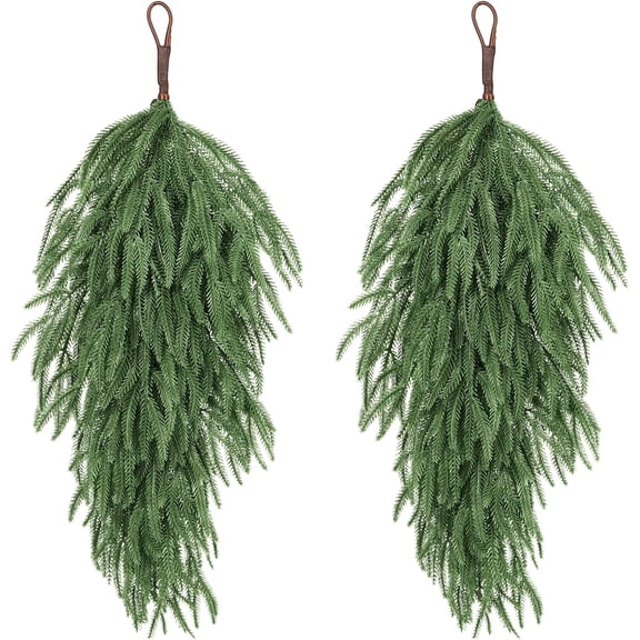 Guvpev 2Pack Artificial Christmas Teardrop Swags - 32" Faux Pine Needles Teardrop Door Swag, Xmas Norfolk Pine Greenery Teardrop Wreath for Front Door Table Mantel Fireplace Indoor Outdoor Xmas Decor