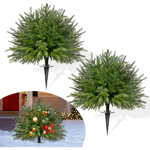 Guvpev 2Pack Artificial Norfolk Pine Tree Christmas Topiary with Spike for Outdoor Front Porch Decor, 24" Christmas Urn Fillers for Planters, Small Christmas Tree for Indoor Pathway Porch Decorations