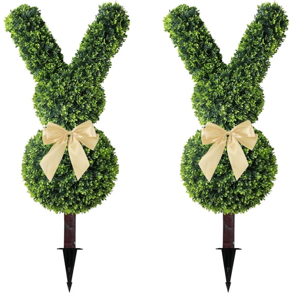 Guvpev 2Pcs Artificial Boxwood Topiary Outdoor - 35-inch UV-Resistant Bunny-Shaped Topiary Trees, Maintenance-Free Greenery Easter Decorations for Spring Garden & Porch Decor