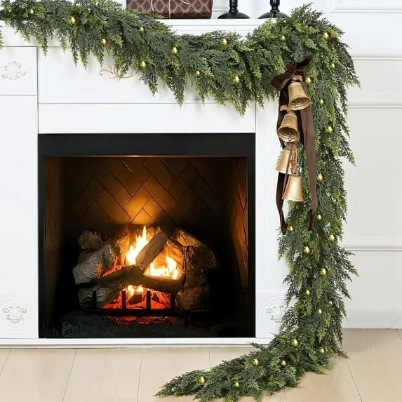 Guvpev Artificial Christmas Cedar Garland with Lights, 9FT Lighted Cypress Garland for Mantel, Front Door, Wall, Realistic Faux Greenery Garland for Home, Indoor Outdoor Xmas Decorations